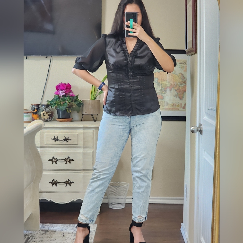 Black satin button down shirt by Blue Diamond